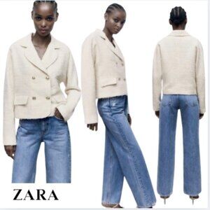 Zara Women's Textured Tweed Double-Breasted Blazer in Ecru Size M